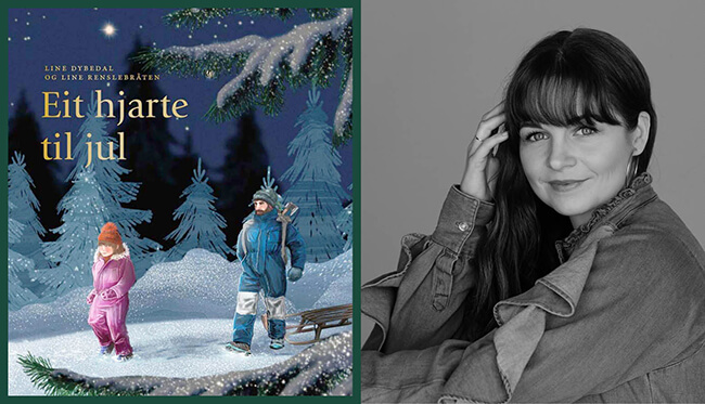 Line Dybedal og bokomslaget til boka hennar Eit hjarte til jul.