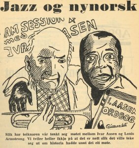 Illustrasjon av eit tenkt møte mellom Ivar Aasen og jazzmusikaren Louis Armstrong frå framsida av Apropos nr. 2 1965. Teikna av Asbjørn Gimse.