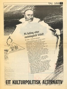 Annonse for Studentmållaget i Bergen på side sju i Tal nr. 3 1988. Formgjeve av Frøydis Mjelde.